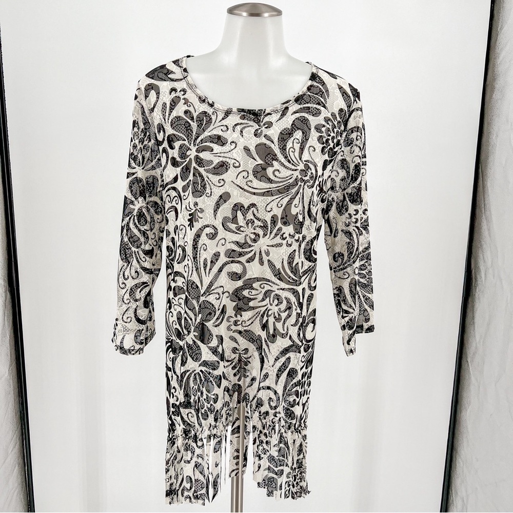 Chicos Travelers Baroque Lace Fringe TOP Black/Ecrue Paisley NWT